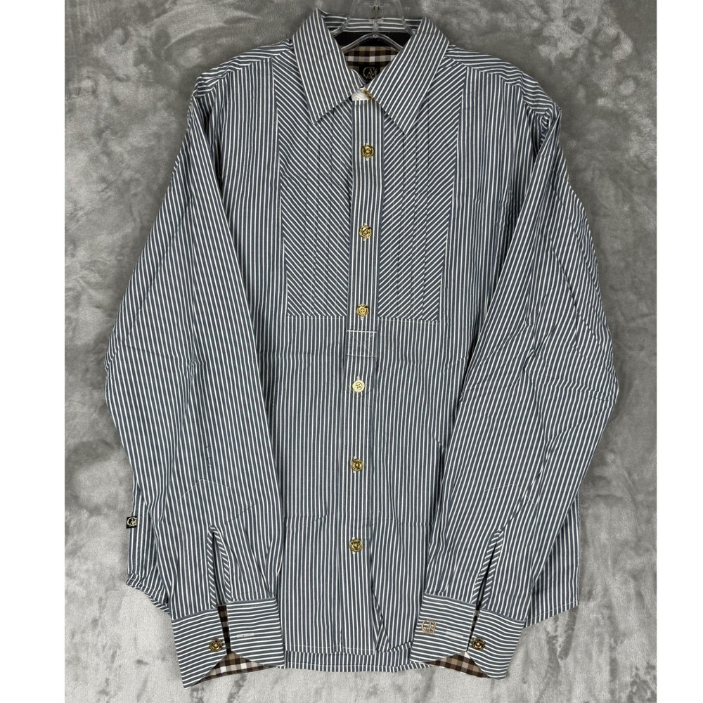 CAVI Mens Blue‎ White Stripe Button Down Shirt Gold Logo Pocket Size M